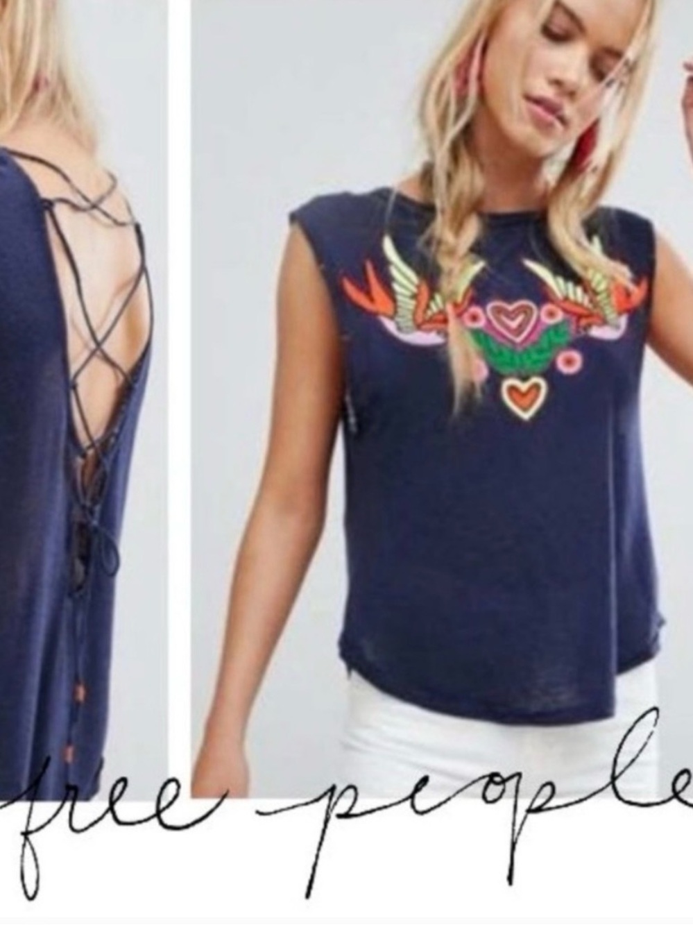 Free People Navy Love Birds Embroidered Lace-Back Muscle Tee M